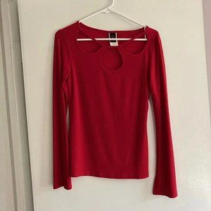 Long-sleeved Red Wrapper Shirt with Fun Collar Cut Out
